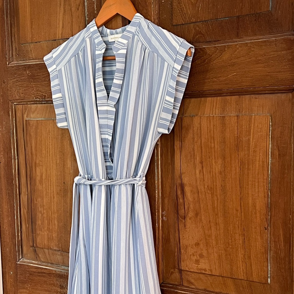 Monteau Los Angeles Light Blue Spring Striped Mini Dress with Belt